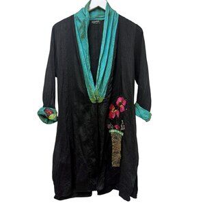 LEE ANDERSEN Silk Jacket Black S/M Embroidered Floral Artsy Modern
